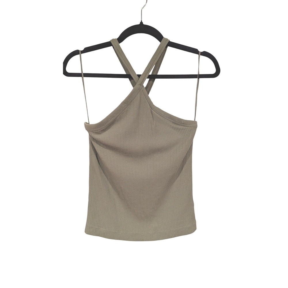 Old Navy Halter Top Medium Olive Green Ribbed Cross Front Built-in Bra Summer